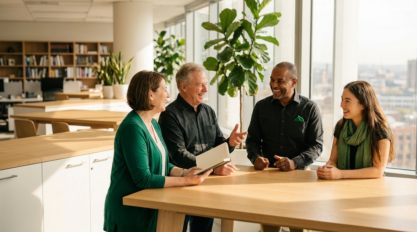 A small team in a bright office, mid-conversation around a table.